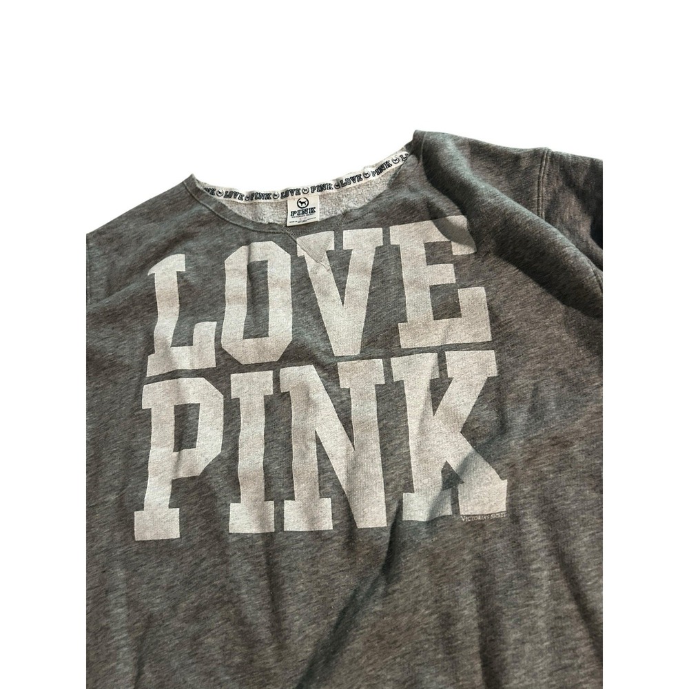 PINK by Victoria's Secret Love Pink Gray Graphic Sweatshirt Short Sleeve SZ S - Picture 2 of 7